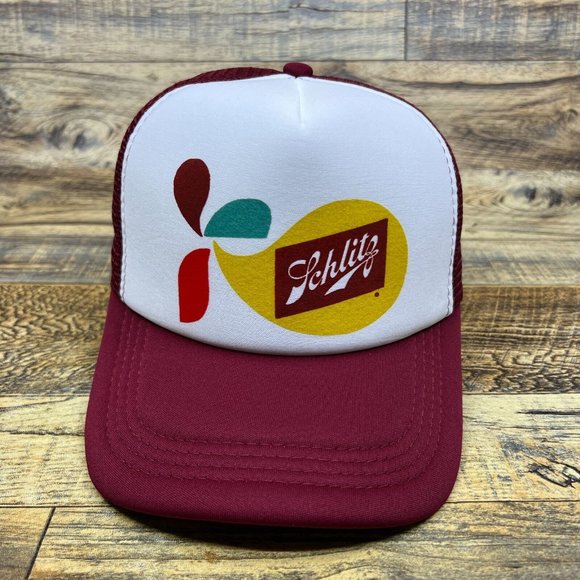 Defunct Schlitz Beer Mens Trucker Hat Maroon Snapback Vintage Logo 1960s Cap - Picture 2 of 8